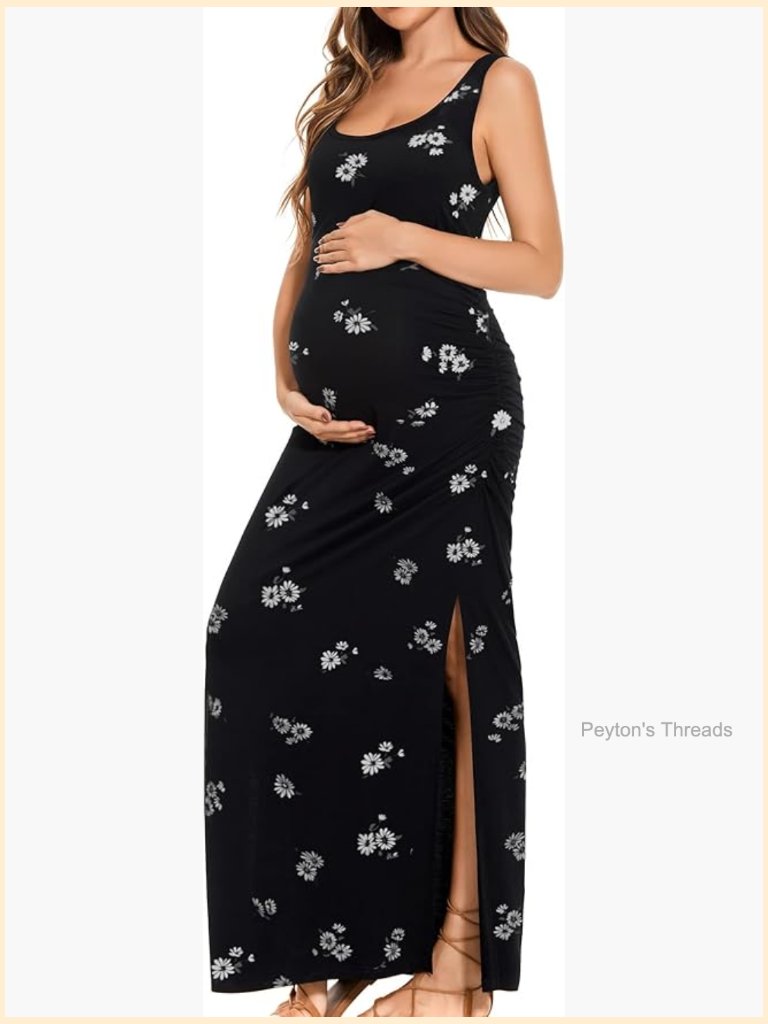 Sleeveless Floral Maternity Maxi Dress Side Slit